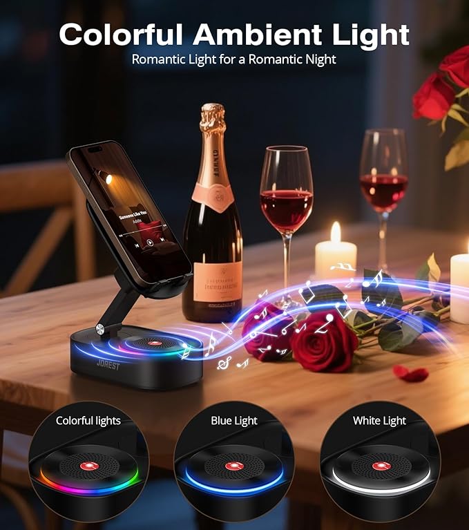 Jorest Wireless Induction Speaker with Phone Stand,Valentine's Gifts for Older Men Women Teenage Boy,Bluetooth Speakers with Desk Cell Holder, Foldable with iPhone/Ipad,Birthday Gift for Dad Father