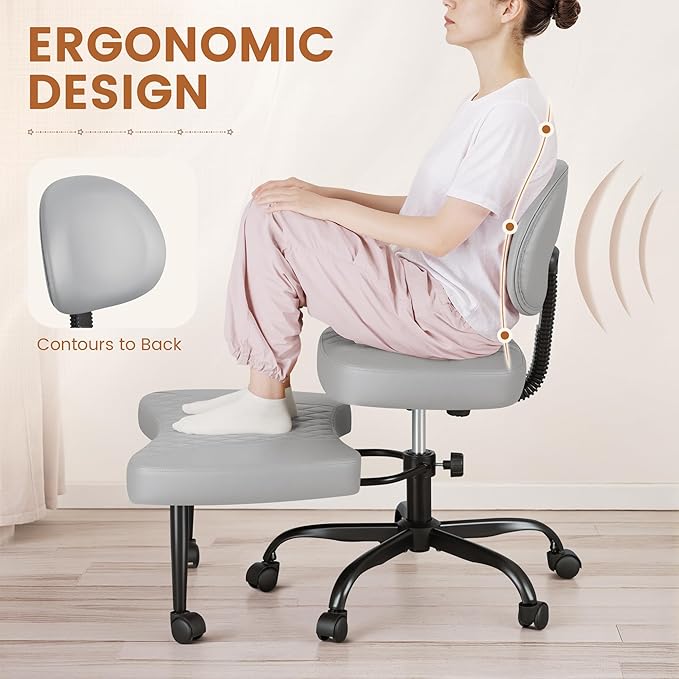 Ergonomic Cross Legged Office Chair with Wheels - Adjustable Height Kneeling Meditation Chairs for ADHD, Yoga & Desk Work - Wide Criss Cross Seat with Lumbar Support, Gray
