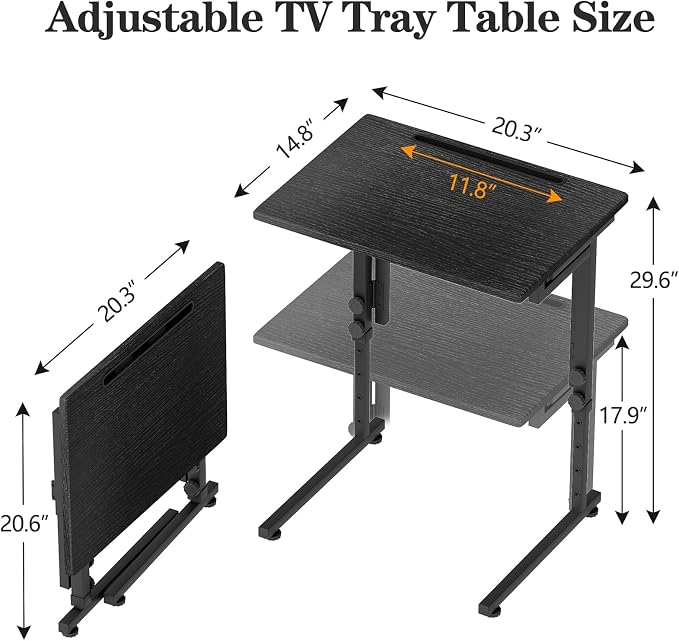 Adjustable Height Tv Tray Table,Portable Folding Tv Tray Dinner Snack Trays Table,Small Foldable C-Shaped End Table for Eating,Slide Under Couch Side with Sturdy MDF Top,No Assembly(Black+Black)
