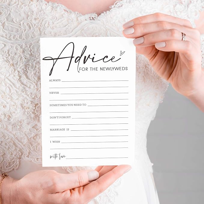 Bridal Shower Advice Cards for Newlyweds - 25 Guests Engagement Party Game, Minimalist White Wedding Party Supplies - A01