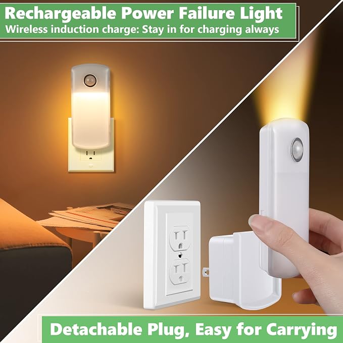 Enhon 6 Pack Emergency Power Failure Night Lights, Motion Sensor Night Light, Automatic Dusk to Dawn, Emergency Lights for Home, Bedrooms, Hallways, Black Outs, Rechargeable