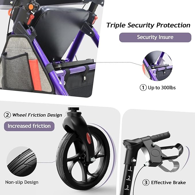 Lightweight Foldable Rollator Walkers with Seat for Seniors, 350 lb Capacity, 8'' Wheels, 17.7" Big Seat, 6-Position Adjustable Height, Ultralight Aluminum Frame Rolling Walker (Purple)