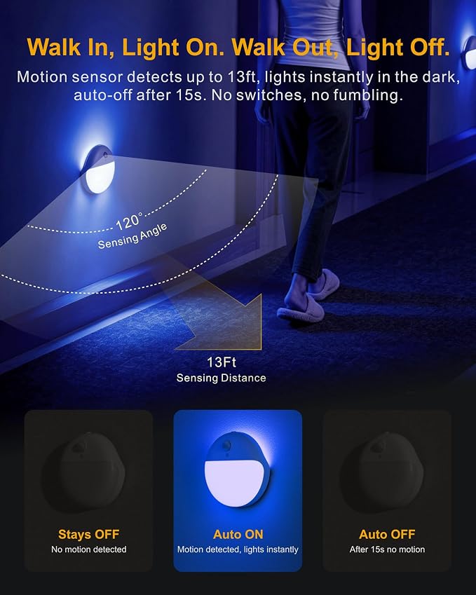 Toilet Light Motion Sensor, Dim Blue Night Light Battery Operated | 2 Pack, 3 Modes, Dimmable 1-10lm, Soft Glow, Motion Activated LED Nightlight, Wireless Stick on Light for Kids, Bathroom