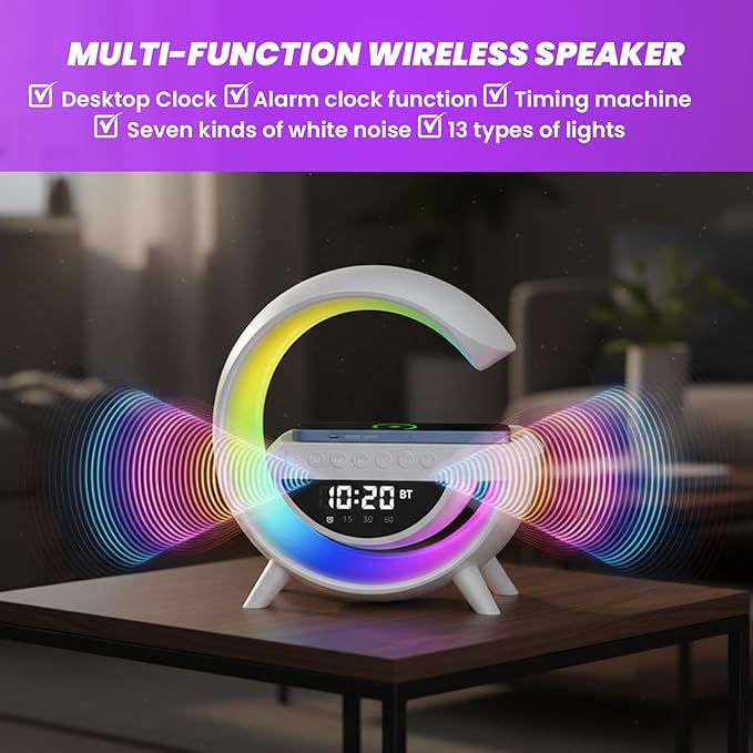 Saker G-Shaped LED Wireless Charging Bluetooth Speaker, 3-in-1 LED Digital Alarm Clock Radio with 13 RGB Lights & Noise, 360° Surround Sound Nightstand Clock with FM Radio for Bedroom Office (White)