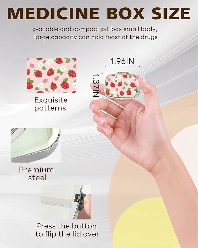 LRITER Pill Case, 2 Compartment Portable Small Travel Pill Organizer for Purse and Pocket, Stylish Medicine Case with Multiple Patterns, Daily Pillbox for Home & Travel (Strawberry)