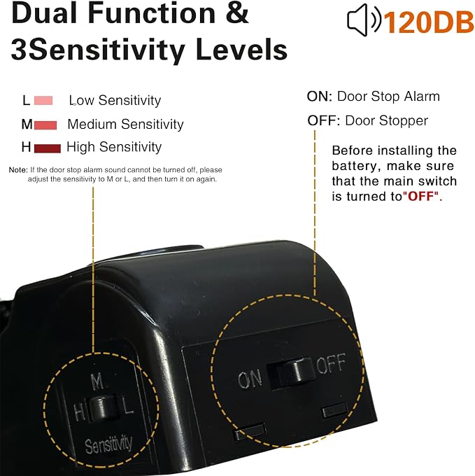 HNHMT 2 Pack Portable Door Stop Alarm, Door Stopper with 120db Loud Security Alarm, Travel Door, Doorstops Wedge Sensors Security Devices for Traveling Apartment Hotel and Home (Black)