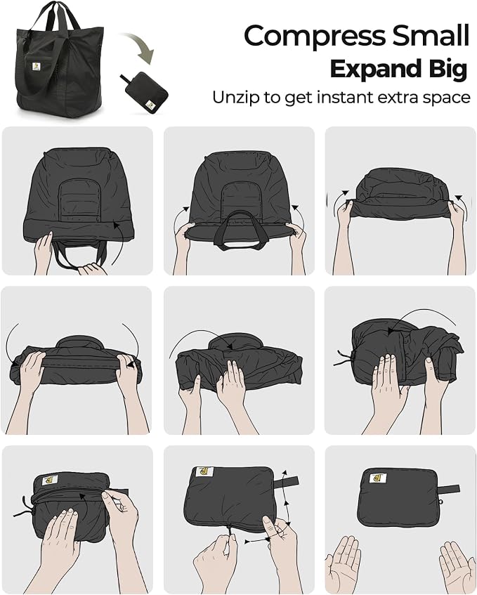 Foldable Travel Bag, 26L Duffle Bag for Travel, Expandable Second Carry-On Bag for Travel & Shopping, Water-Resistant Personal Item Bag, Black
