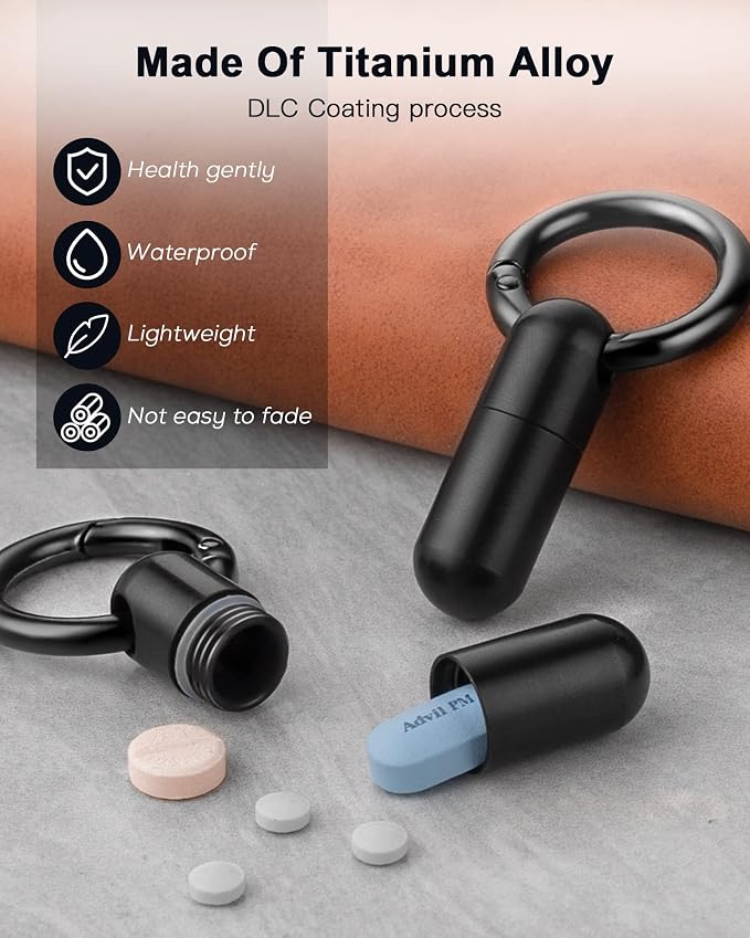 TISUR Small Titanium Keychain Pill Holder, Pocket Pill Case for Travel | Waterproof Pill Fob,Portable Pill Box Container,Purse Pill Organizer Tube