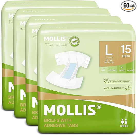 MOLLIS Adult Diapers for Women and Men, Unisex Disposable Incontinence Briefs with Tabs, Odor Control, Large, 60 Count (4 Packs of 15)