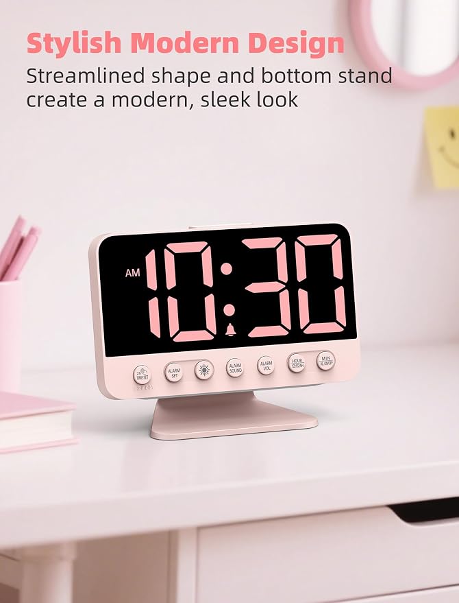 Odokee Digital Alarm Clocks for Bedrooms: Large Bold Number 5 Brightness Dimmer - Easy to Read Across The Room - 5 Alarm Sound 8 Night Light - Sakura Pink