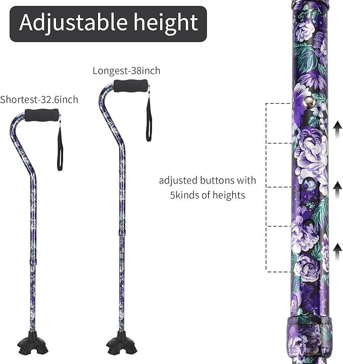 Floral Canes for Women Folding Cane for Stability with Non-Slip Base, Adjustable Walking Cane for Seniors - Lightweight Collapsible Walking Sticks with T & Offset Handle