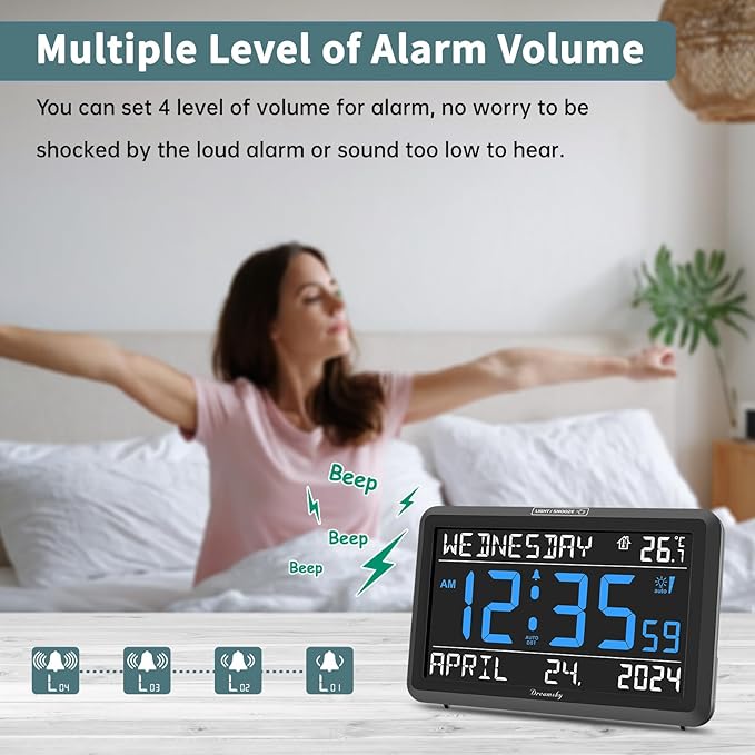 DreamSky Large Digital Clock with Date and Day of Week for Seniors | Electric Desk Clock for Elderly, Bedroom Alarm Clock with Battery Backup, Dimmer, USB, Auto DST, Temperature, Volume Control