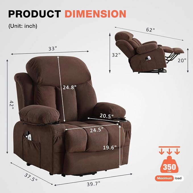 MAHOMICO Power Lift Recliner Chair for Elderly with Vibration Massage and Lumbar Heating,Electric Lift Recliner Single Sofa with Side Pocket,Two Cup Holders and USB Charge Port for Living Room