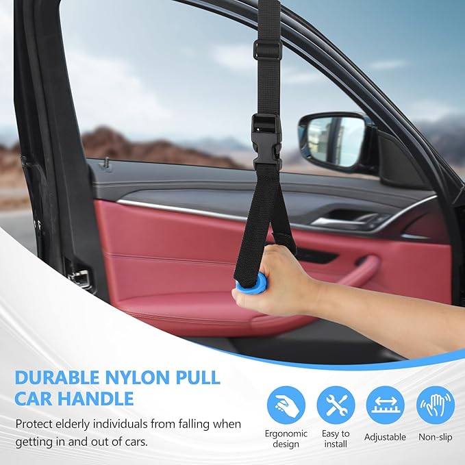 Car Door Handle for Elderly - 2025 New 3-in-1 Car Handle Assist, 2 Pack Auto Cane Portable Vehicle Support Handle Door Assist Bar, Max Load 500 Lbs, Anti-Slip Design (Blue-Car Handle +Strap)