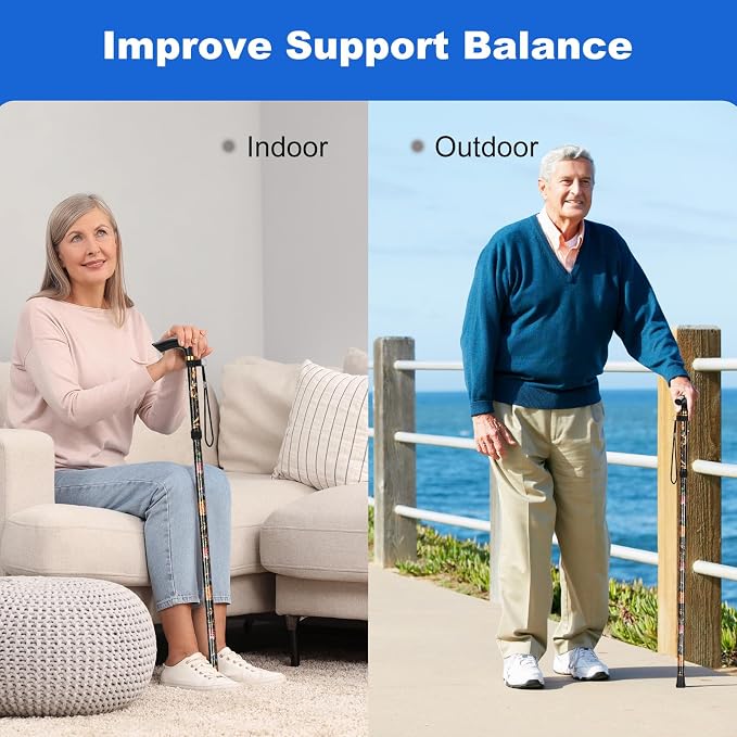 MFE Folding Cane, Portable 5-Level Adjustable Height Walking Stick with Foldable Design, Wrist Strap, and T Handle for Men and Women