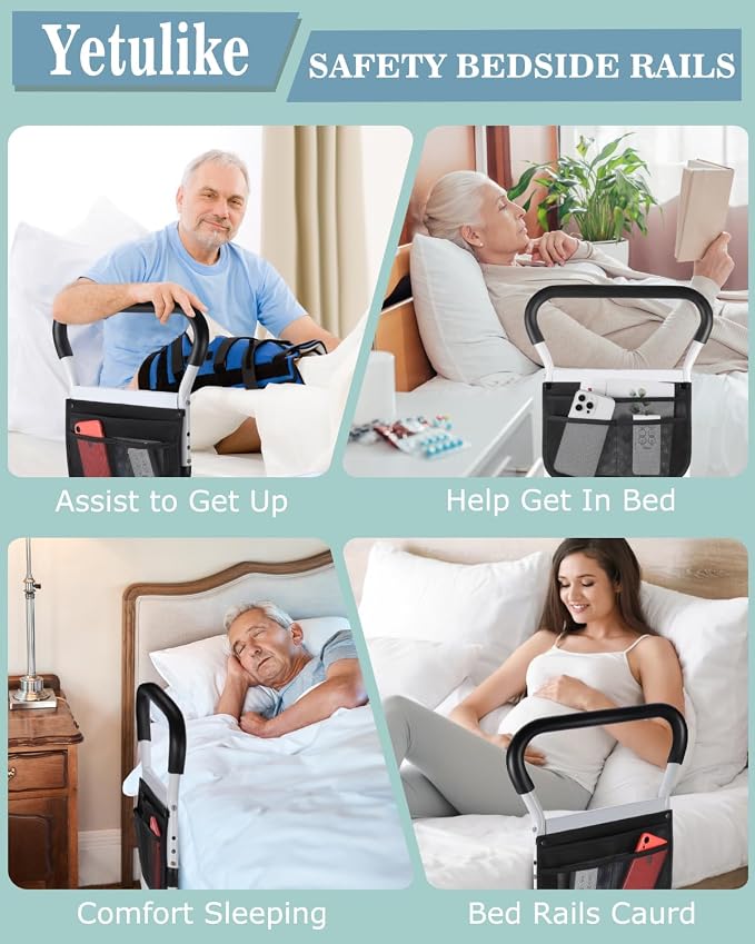 Bed Rails for Elderly Adults Safety - Adjustable Bed Assist Rail with Support Legs, Non-Slip Ergonomic Handle Bar Bed Guard Rails with Storage Bag - Fit King Queen Full Twin Beds