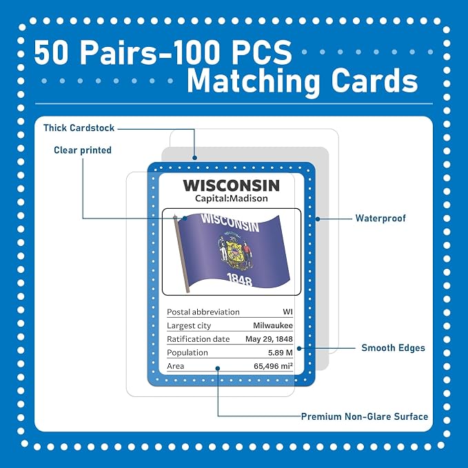 gisgfim 100 PCS Memory Matching Game Flags of U.S. States Concentration Memory Card Educational Cards Games Geography Learn States Capitals Game Gift for Kid Adults Learning Activities Matching Games