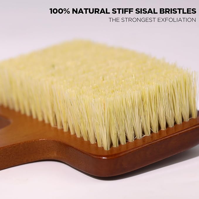 Stiff Sisal Bristles Back Scrubber Set - Shower Brush with Non-Slip Curved Handle and Dual-Sided Exfoliation Glove-17.71”Bent Handle