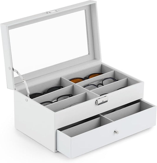CO-Z Sunglasses Organizer with 12 Slots, Leather Eyeglasses Storage Box for Women Men, 2 Story Lockable Display Case for Multiple Glasses, Sunglasses Jewelry Collection Holder with Drawer, White