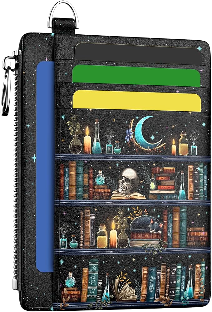 Hancynir Goth Book Skull Small Wallet Women Credit Card Holder RFID Slim | Zipper Pocket Wallet, Thin Travel Coin Purse, Ladies Women Gifts, Gothic Card Case, 6 Card Slots, ID Window, PU Leather