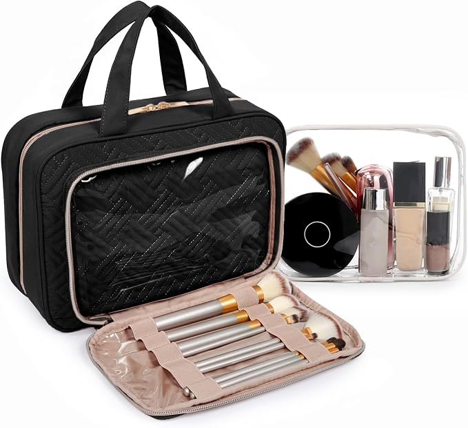 BAGSMART Toiletry Bag Hanging Travel Makeup Organizer with TSA Approved Transparent Cosmetic Bag Makeup Bag for Full Sized Toiletries（Cherry Red