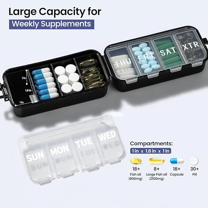 NEW Foldable Weekly Pill Organizer Large,Portable Pill Box 7 Day 1 Time a Day,8 Grids with Excess Space for Emergency Use,Daily Travel Pill Case Holder Dispenser for Vitamin, Supplement- Black