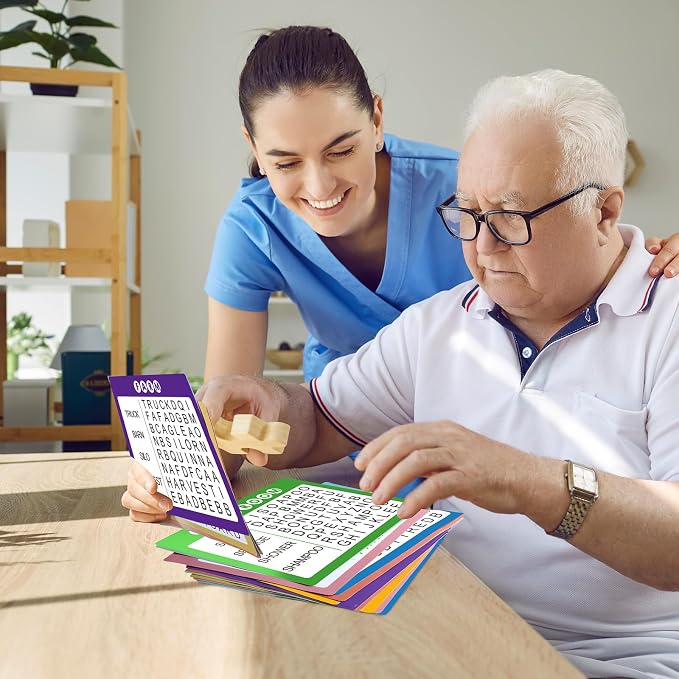 Yeaqee 12 Pcs Word Search Books for Dementia Game Reusable Alzheimers Word Search Cards Dementia Activities Large Print Products for Grandpa Elderly Seniors Patients Crossword(Bright Color)