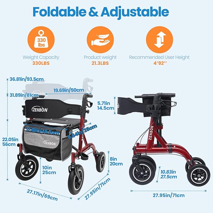Rollator Walker for Seniors/Adults Foldable Rolling Walker with Seat 330 lbs Capacity 10 inch Wheels Hand Grips Adjustable Height Lightweight Durable Aluminum Walker Removable Back Support 7210(Red)