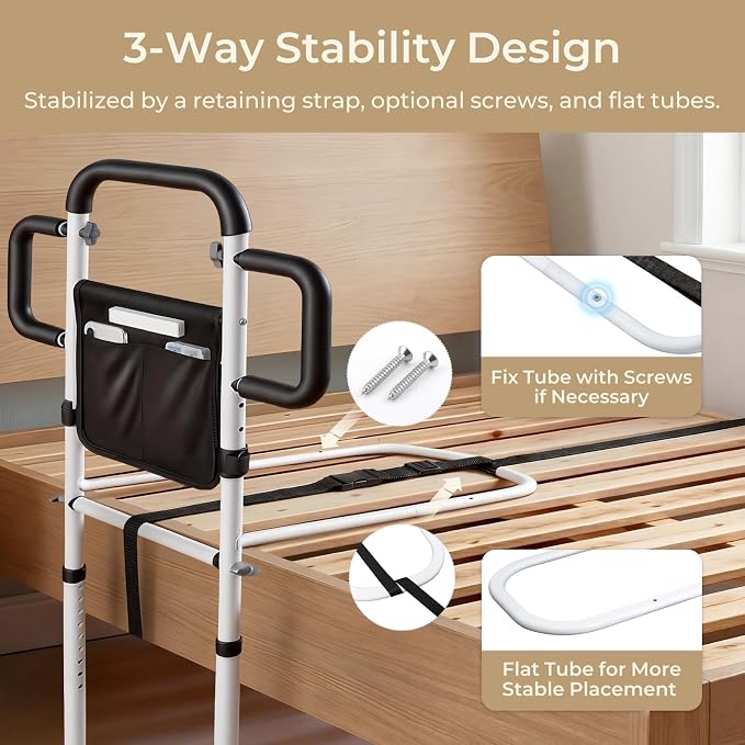 Bed Rails for Elderly Adults Safety, for 400Lbs, White | Bed Rail for Seniors with Motion Sensor Light, Height Adjustable Bed Assist Bar, Non-Slip Handle, Storage Bag
