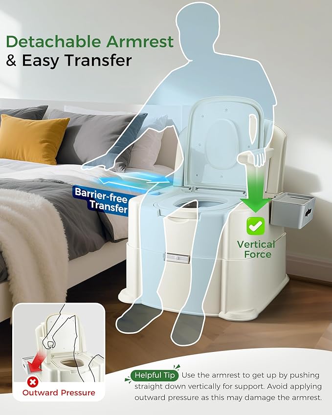 Bedside Commode, 500lbs Heavy Duty & Upgraded Commode Toilet Potty Chair, Portable Camping Toilet, Detachable Armrests, Automatic LED Light, 2-Level Height, 3 Rolls of Commode Liners 【Brown】