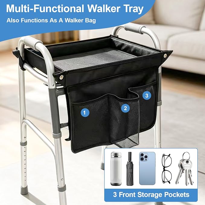 Walker Tray for Folding Walker, Removable Tray for Walker, Tray for Walkers for Seniors with Cup Holder, Fits Standard Walkers, Easy Assembly (Black)