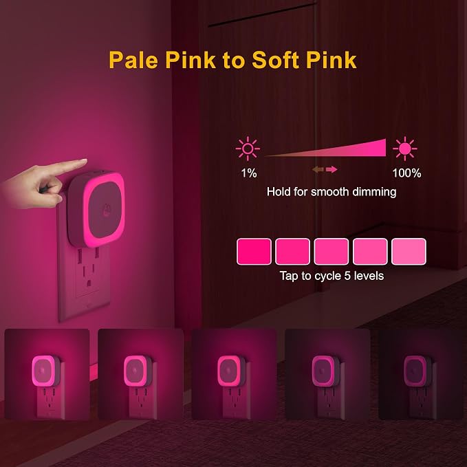 Pink Night Light Motion Sensor, Dimmable Plug in Nightlight, 2 Pack | 3 Modes, Auto Dusk to Dawn Sensor, Eye-Care Reflected Glow, Nightlight Plug into Wall, Pink Lamp for Bedroom, Girls, Bathroom