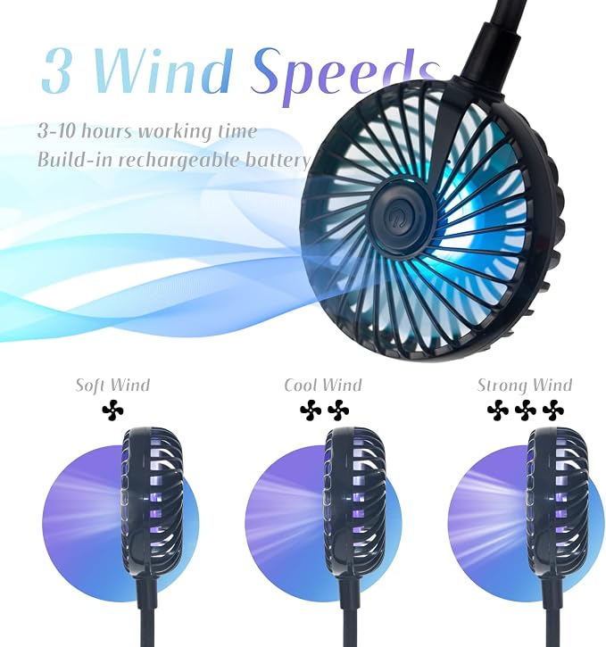 VAGAU Portable Cooling Neck Fan, Rechargeable USB Personal Neck Fans Black | with Colorful LED lights, 360° Rotation, Wearable Neck Fan Air Conditioner for Office Travel Sport, 3 Adjustable Speeds