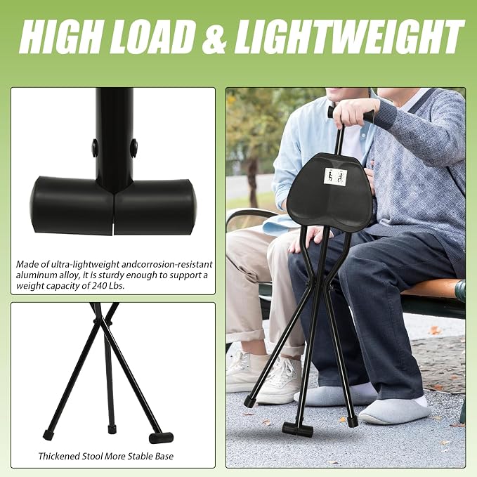 Walking Cane Chair, Walking Stick, Portable Folding Cane with Seat is 34 Inches Tall, Supports up to 240 Pounds, Anti-Slip Lightweight Walking Stick for Seniors