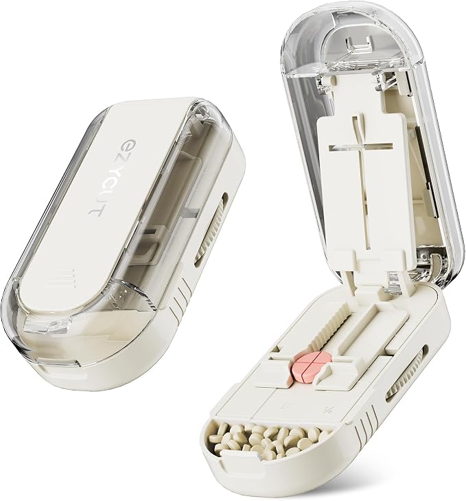 Sukuos Pill Cutter 1/4 & 1/2 – Tablet Splitter with Stainless Steel Blade, Precise Cut for Small/Large Pills, Vitamins, Supplements, Medications, Portable & Sleek, Off-White