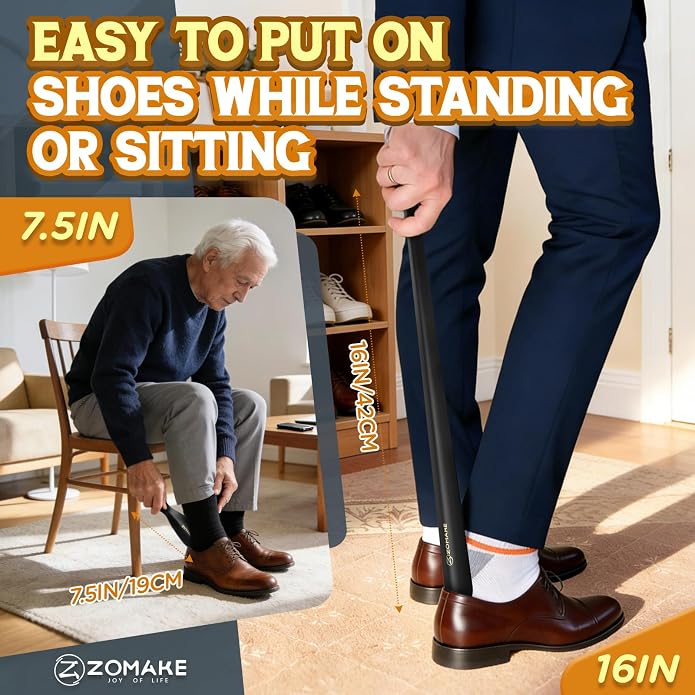 ZOMAKE Shoe Horn Long Handle for Seniors Men Women,Metal Long Shoehorn for Boots,16.5" Shoe Spoon Helper