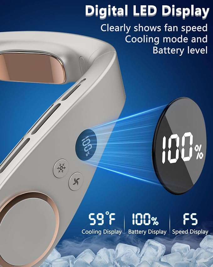 FWV Portable Neck Fans with Cooling Plate, 5500mAh 3-24H Lasting, Whisper Quiet 30dB, USB-C Rechargeable Necklace Fan, LED for Battery&Speed, Personal Mini AC Device for Outdoors Walking Workout Gray