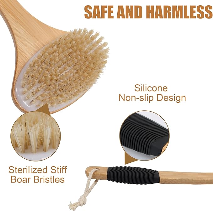 OWIIZI Back Scrub Brush for Shower,Stiff Boar Bristles Bamboo Curved Long Handle Antiskid Body Bath Brush for Back Use Wet or Dry,Deep Cleanse Large Surface Back Scrubber | 17.5" Bamboo Curved Long Handle Bath Brushes,Large Surface Deep Cleanse Back Sc...