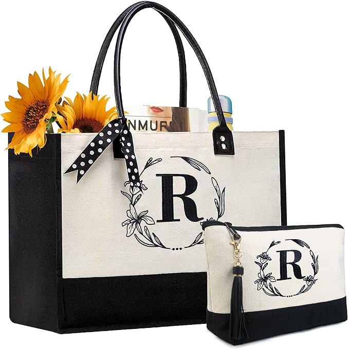 BeeGreen Initial Canvas Tote Bags Personalized Birthday Gift for Women Christmas Valentine's Day Gift, Embroidery Monogram Bags White Cotton with Leather Handle Organized Inner Pocket R
