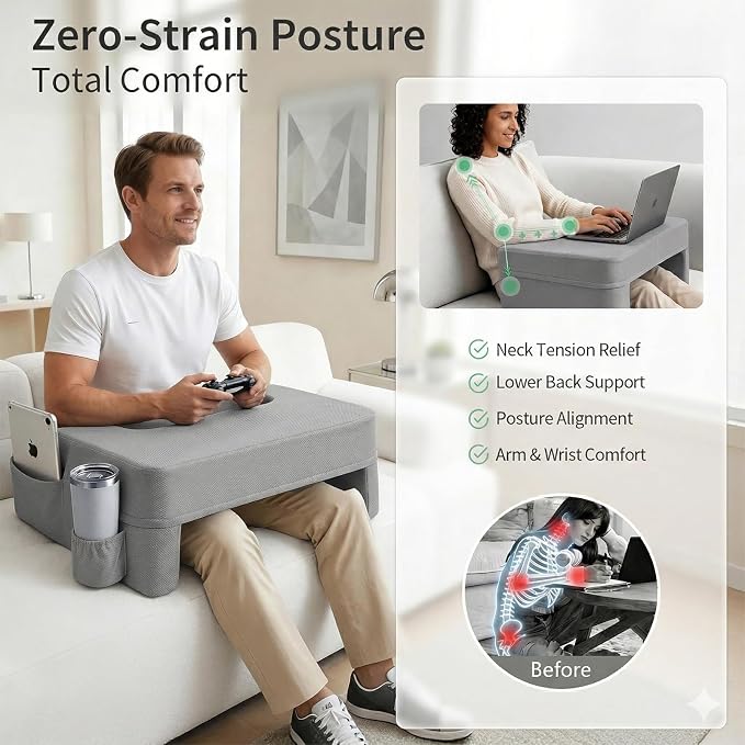septsun Lap Desk Pillow, Large Ergonomic Couch and Bed Desk for Laptop | Gray Soft Foam Workstation for Gaming, Reading, WFH Fits 13-17" Laptop; Armrest Support, Smooth Mouse Area, Large Pockets