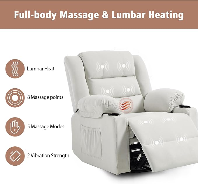 Ketaiyou Swivel Rocker Recliner Chair for Adults with Massage and Heat, Cup Holders and Side Pockets, Glider Rocking Reclining Single Sofa Chair for Living Room(Beige2)