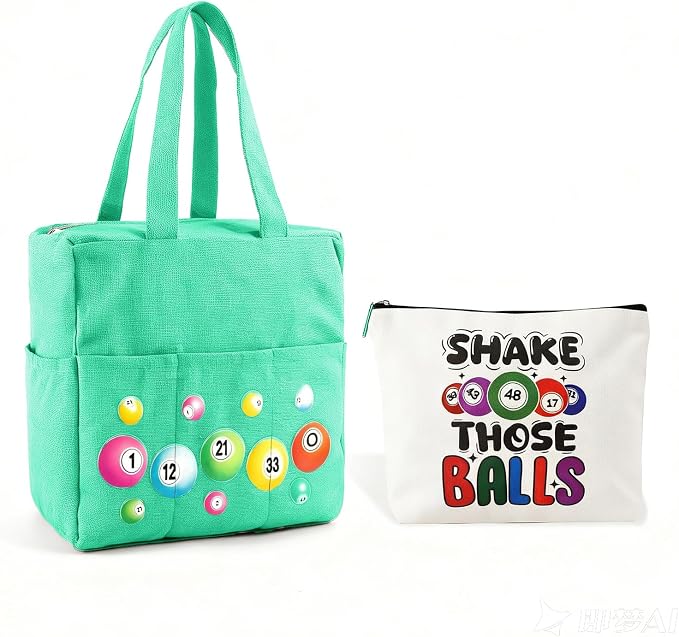Bingo Bags with Pockets on Clearance, Bingo Bag with Zipper and Polyester Bingo Daubers Makeup Bag, Bingo Bags and Accessories Tote Gifts Game Suitable for Women and Girls (Green)