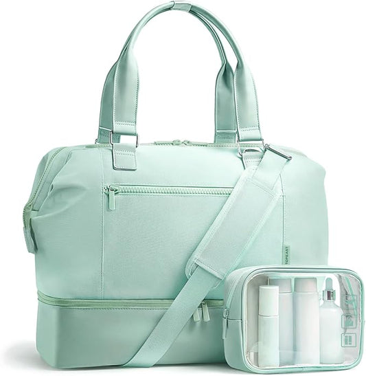 Travel Duffle Bag for Women, 40L Weekender Bags Airline Approved Carry On with Shoe Compartment & Waterproof Wet Pocket, Durable Nylon Weekender Overnight Bag for Travel, Gym, Business Trip, Green