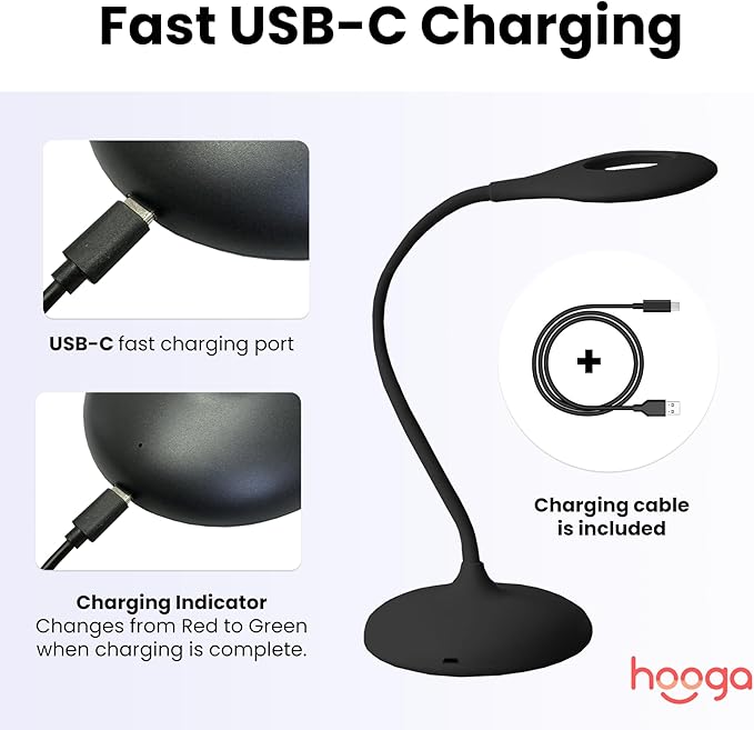 hooga Desk Lamp, Blue Light Blocking, 3 Modes: Amber 1600K, Red, Full-Spectrum 4000K, Dimmable, Rechargeable, Eye Strain Relief, Circadian Friendly