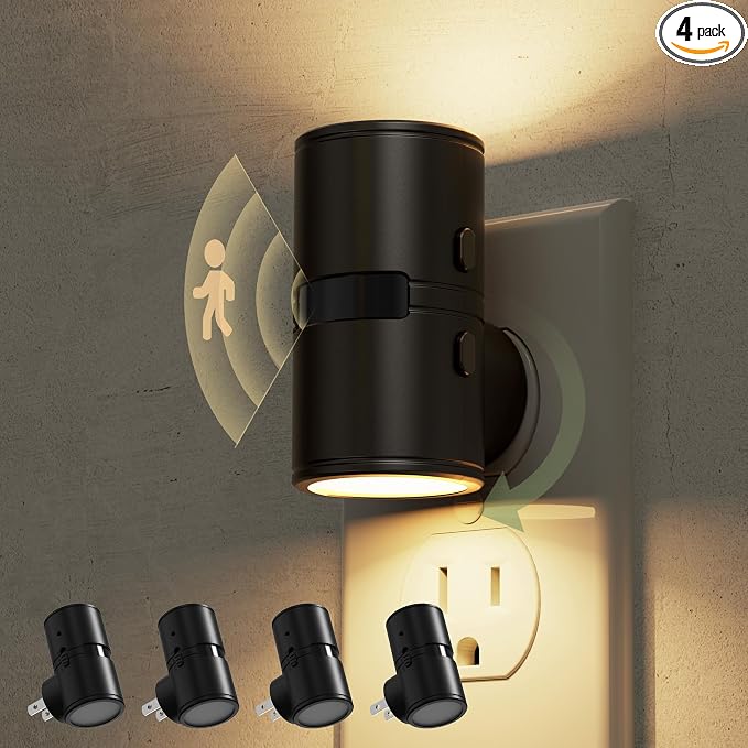 L LOHAS LED Motion Sensor Night Light, Mini Motion Activated Night Lights Plug into Wall, Rotating Motion Sensor Light Indoor, Amber-3000K-5000K, 10%-50%-100% Lumen, Hallway Bedroom Stairway, 4 Pack