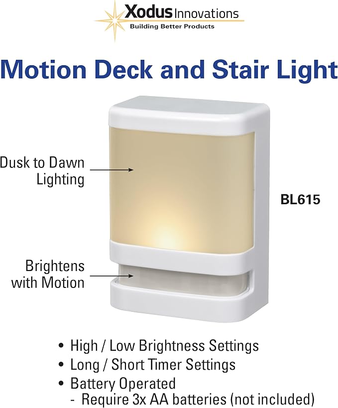 Xodus Battery Operated LED Deck & Stair Light, Motion Sensor, White, 3 Pack | Illuminates steps for safer nighttime footing, motion-activated, weatherproof, indoor or outdoor use, low glow mode, timer