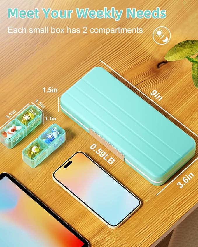 Betife AM PM Pill Organizer 7 Day, Weekly Pill Organizer 2 Times a Day, Daily Pill Box AM PM, Portable Travel Medicine Case, Day and Night Pill Container for Medication, Vitamin or Supplement（GN）