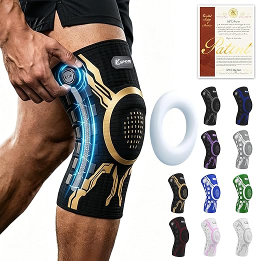 Kuangmi Knob Knee Brace for Pain Relief, Knee Support with Patella Gel Pad & Side Stabilizers, Compression Knee Sleeve for Workout, Arthritis, Joint Pain, Meniscus Tear (Gold Black,Right,X-Large,Single)
