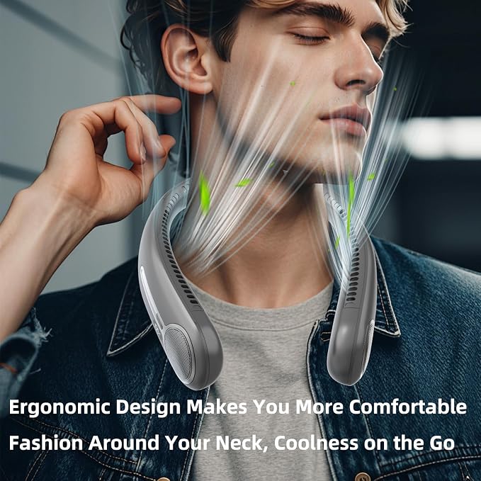 Portable Neck Fan, Personal Wearable Bladeless Fan, 6000mAh USB Rechargeable, 360° Airflow, LED Display, 4-Speeds, Hands Free Fan for Outdoor Indoor, Birthday Gifts for Men Women Dad Mom (Dark grey)