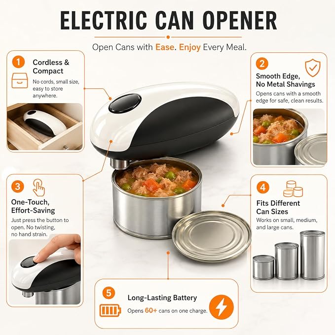 Rechargeable Electric Can Opener,One-Touch,Hands-Free,Smooth Edge | Effortless safe Automatic Fits Most Round & Square Cans Cord-Free Convenience Camping Kitchens RVs Beginner-Friendly